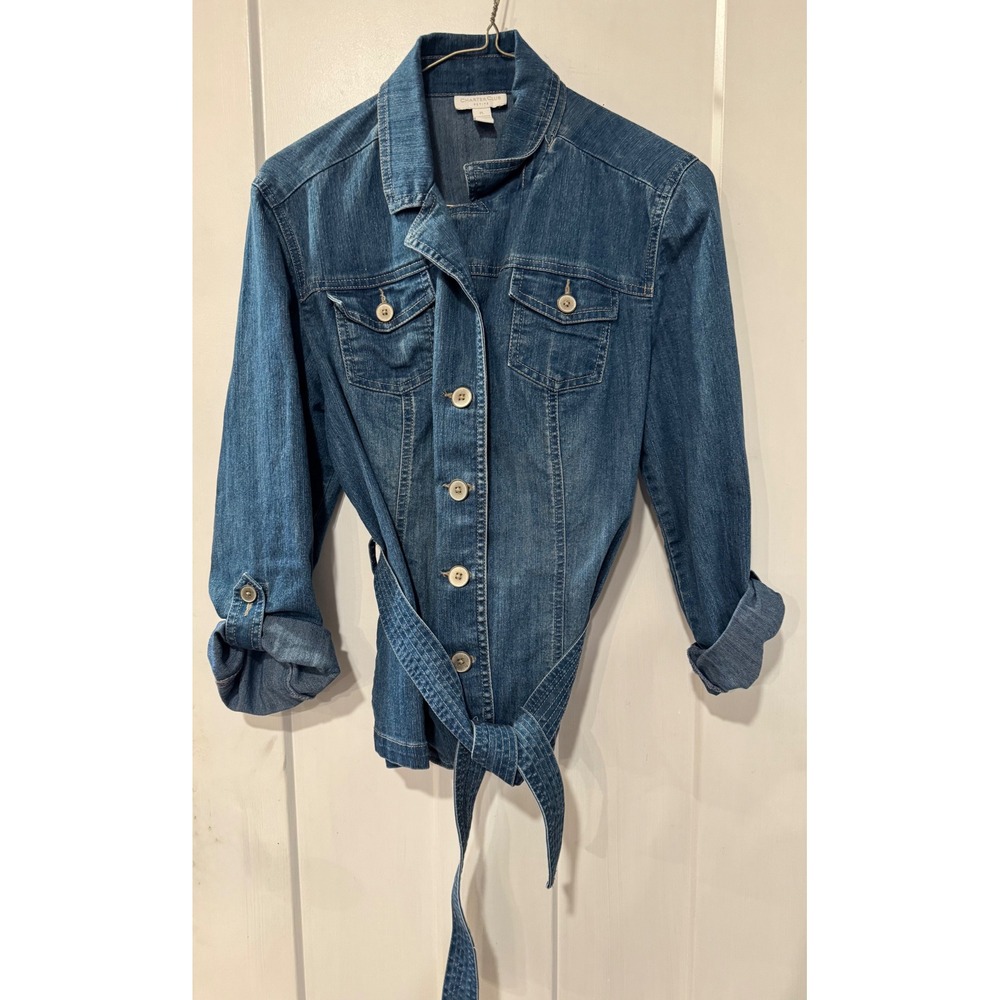 Charter Club Petite Blue Belted Denim Jacket Medium Wash Button Front PL